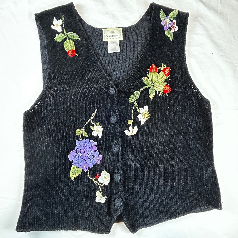 VTG Susan Bristol Hand Embroidered Floral Sweater Vest Grannycore Cottagecore‎